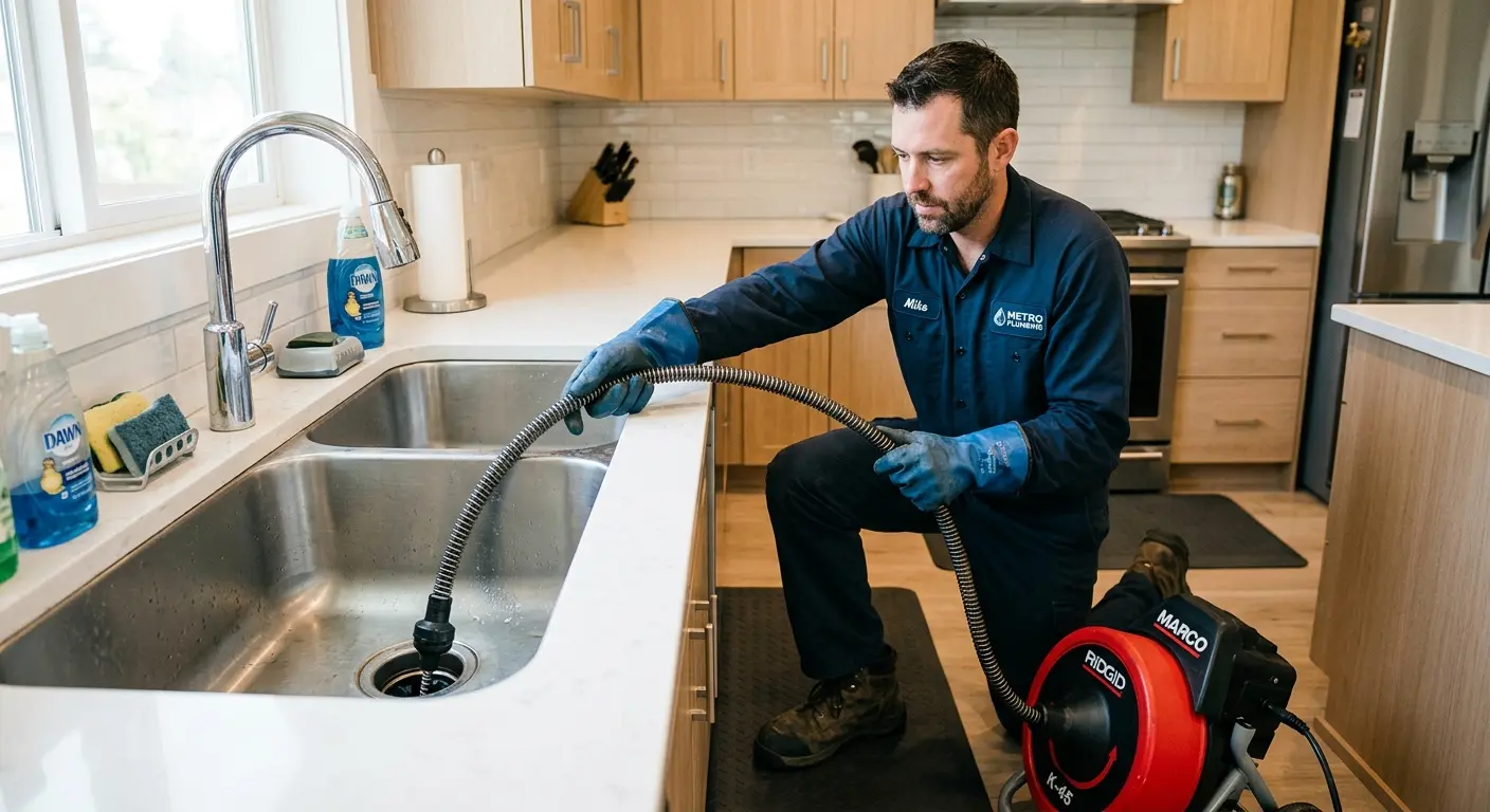 Drain cleaning technician using a motorized snake on a kitchen sink in Peru