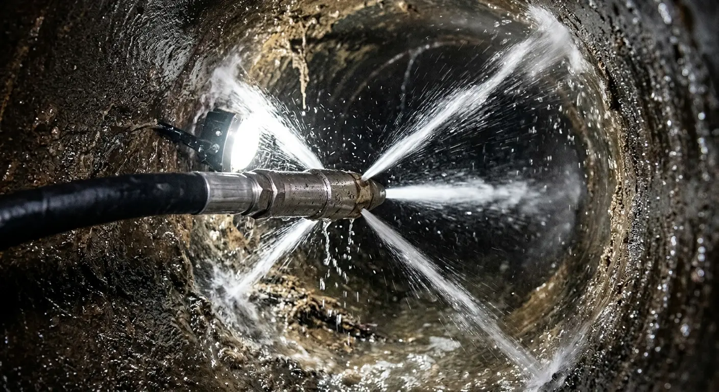 High-pressure hydro jetting nozzle cleaning sewer pipe for Trenchless Sewer Repair in Peru
