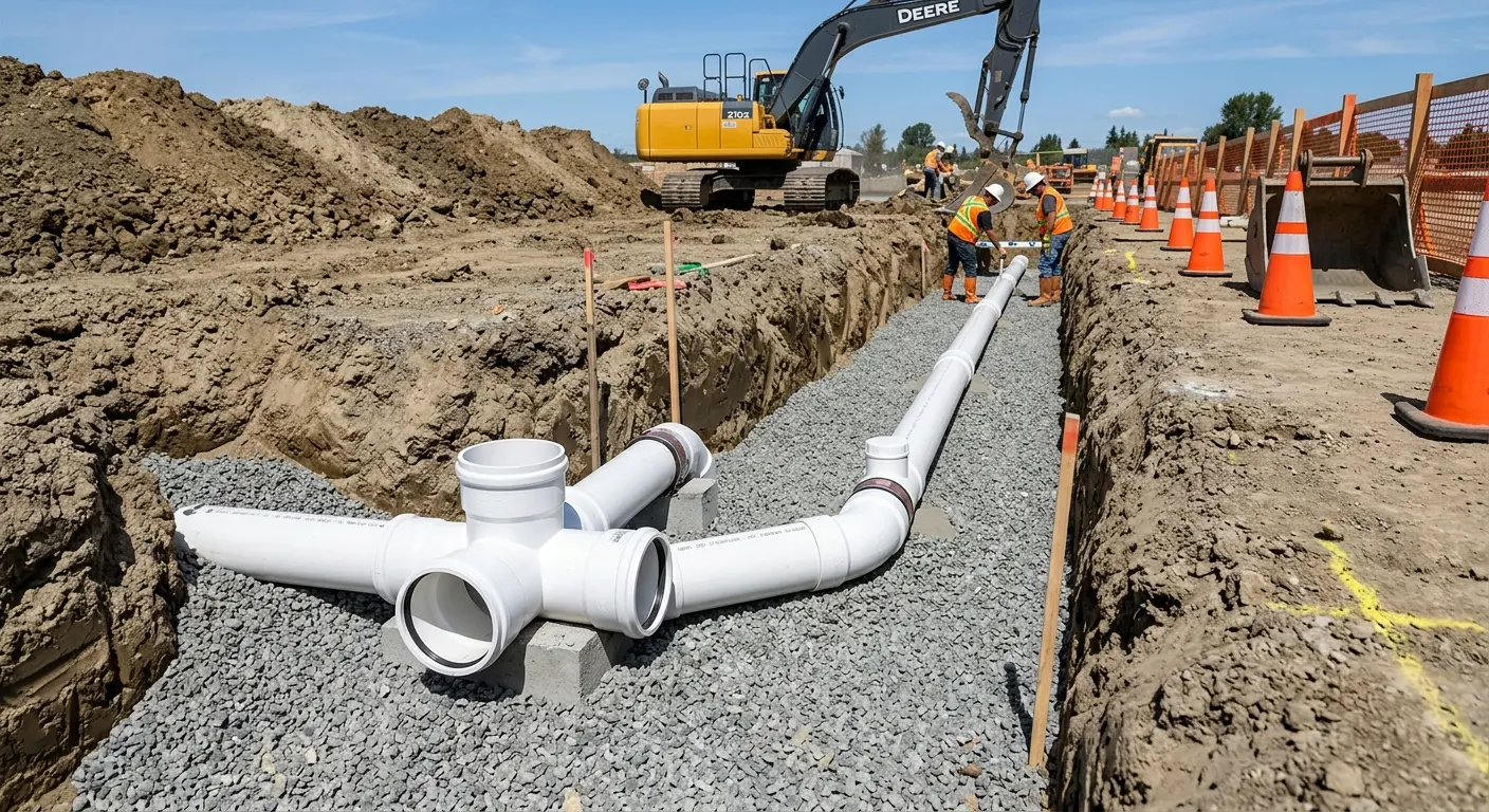 New PVC sewer pipe installation in open trench for Sewer Camera Inspection in Peru