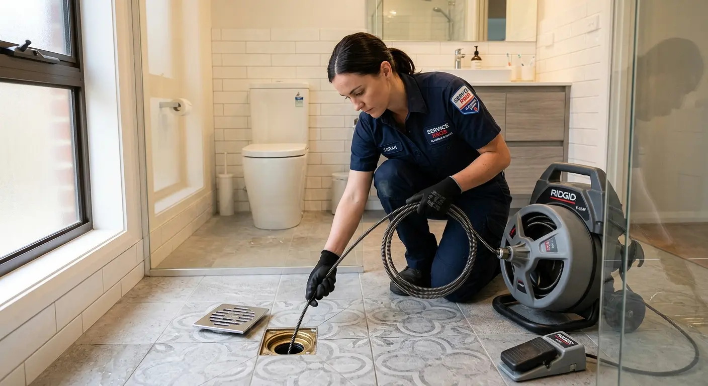 Technician clearing a bathroom floor drain for Hydro Jetting in Peru
